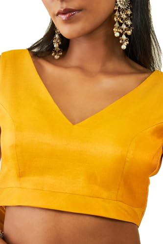 Soch Womens Mustard Tussar V-Neck Back-Open Sleeveless Blouse