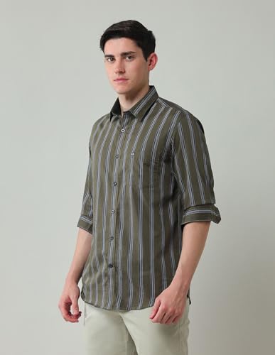 Arrow Sports Men's Striped Slim Fit Shirt (ASAJSH1451_Olive