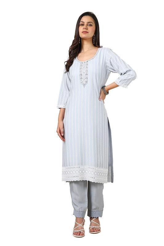 Soch Womens Grey Rayon Embroidered Suit Set With Mirror Work