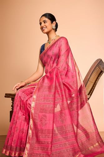 Taneira Women Pink Rajasthan Pure Silk Cotton Printed Sanganeri Saree with Unstitched Blouse Piece (SAPP01AC6737-Pink)