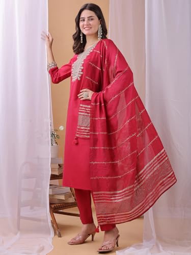 Hritika Pink Cotton Blend Embroidered Kurta with Pants and Dupatta Set | Ethnic Set | Suit Set | Kurta Set | Wedding Suit Set for Women