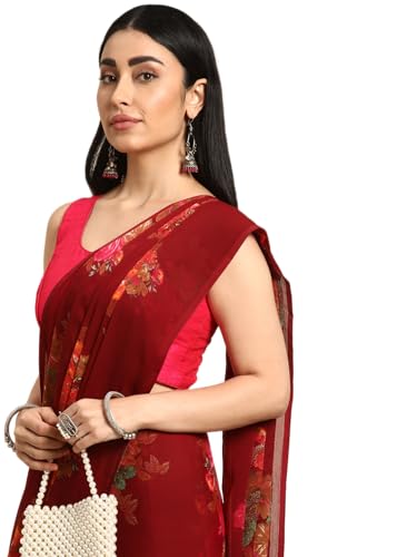 RANI SAAHIBA Women's Chiffon Floral Printed Saree Without Blouse (SKR11163_Maroon)