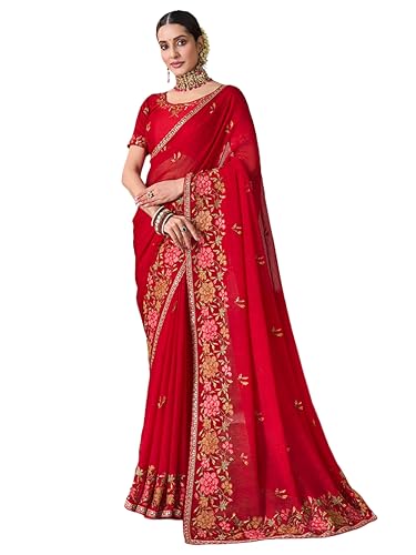 Laxmipati Gajak Red Chiffon Floral Embroidered Saree
