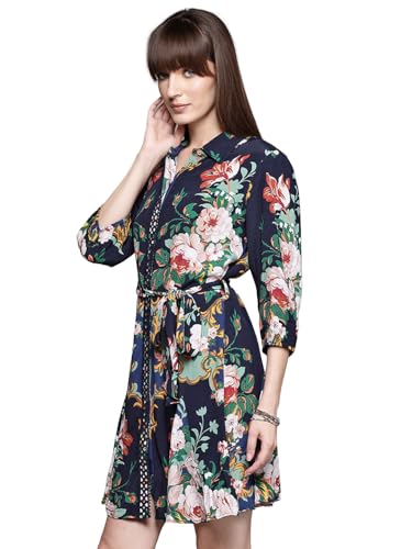 Label RITU KUMAR Navy Miara Collar Neck 3/4 Sleeves Short Dress with Belt