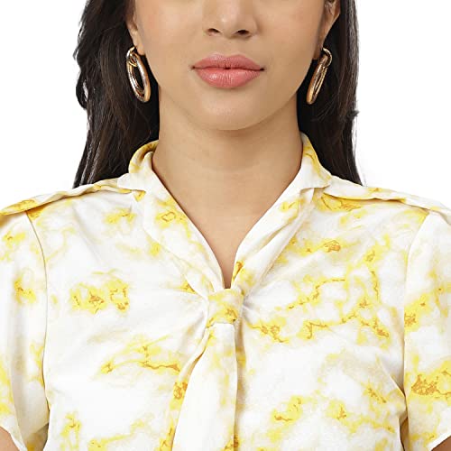 Latin Quarters Women Yellow Printed Short Sleeve Top with Tie Up Neck