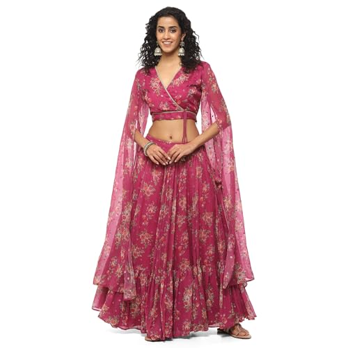 BIBA Women Polyester Printed Lehenga Set (SKDASSORTED9076AW23PNK_Pink_XL)