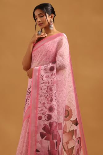 Soch Womens Pink Linen Botanical Saree