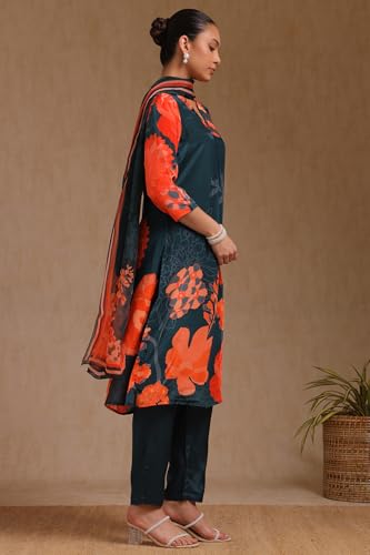 Soch Womens Teal Green Crepe Floral Print Suit Set With Beads