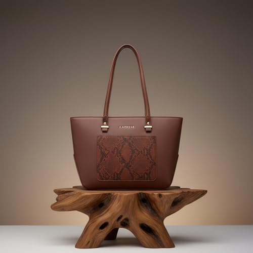 Caprese Bambi Large Snake Textured Print Tote Bag for Women | Fits Up to 15 Inch Laptop | Premium Multi-Compartment Shoulder Handbag with Zipper Closure for Office Work and Travel (Brown)