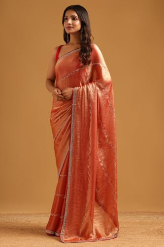 Soch Womens Peach Fendy Organza Stone Work Embellished Saree