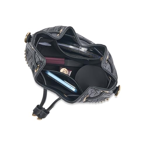 Akiki London Women's Hanwell 21 Small Bucket Bag|comes with a Dog Charm|Metal Finish|Stylish Ladies Purse|Party Handbag for Women