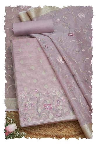 Soch Womens Onion Pink Kota Embroidered Unstitched Dress Material With Thread Work