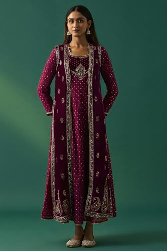 Wishful Women's Maroon Embroidered Anarkali Gilet with Dress and Churidar Set - (SP12855-218120-XXL)