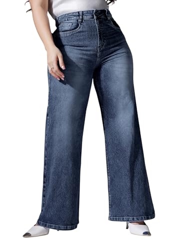 Miss Chase A+ Women's Wide Leg High Rise Regular Length Stretchable Denim Jeans (APSS25DEN78-10-354-28, Prussian Blue, 28)