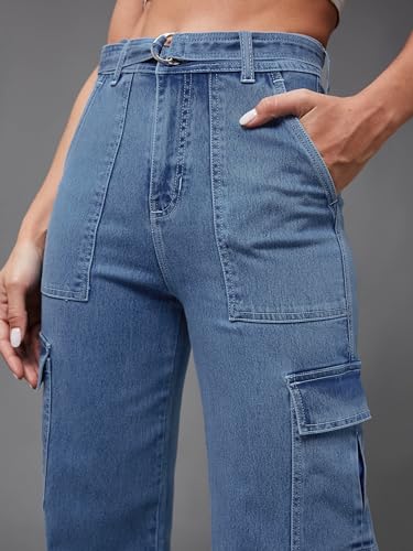 Miss Chase Women's Straight Fit Mid Rise Hand Painted Stretchable Denim Jeans (MCSS18DEN02-19-392-28, Vivid Blue, 28)