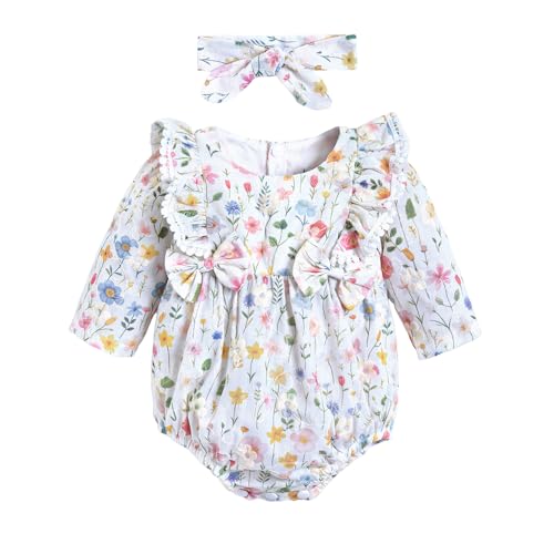 Hopscotch Girls White Full Sleeves Bow Applique Ruffled Onesie For Age (18-24 Months)