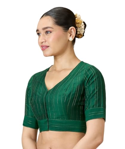 Studio Shringaar Women's Cotton Silk Blended Saree Blouse with Zari Stripes (Green, 46)