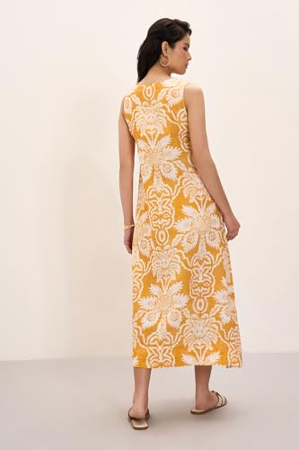 Marigold Lane by Pantaloons Women's Linen Blend Classic Mid-Calf Length Dress (SS25ETMDDRS00052N65A166_LightYellow