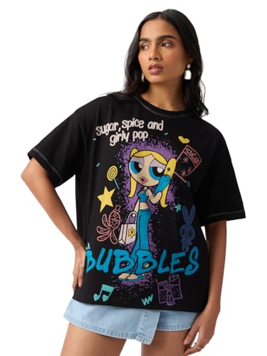 The Souled Store Powerpuff Girls: Girly Pop Women and Girls Short Sleeves Round Neck Black Graphic Printed Cotton Heavy Gauge Fabric Streetwear Everyday Oversized T-Shirt