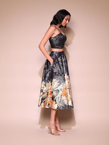 Label RITU KUMAR Black Floral Top with Skirt Co-ord Set