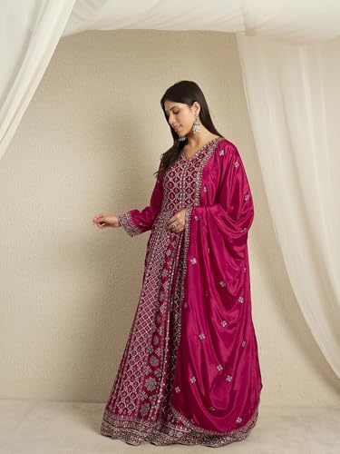 Miss Ethnik Women's Maroon Chinon Stitched Gown With Dupatta Full Sleeve Embroidered A-Line Gown (MEY-1236-Maroon-3XL)