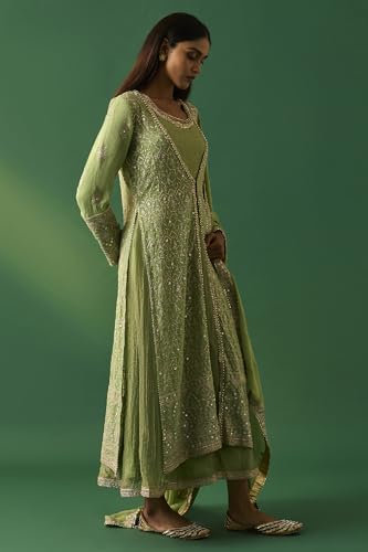 Wishful Women's Green Embroidered Anarkali Dress with Churidar and Dupatta Set - (SP12858-401187-L)