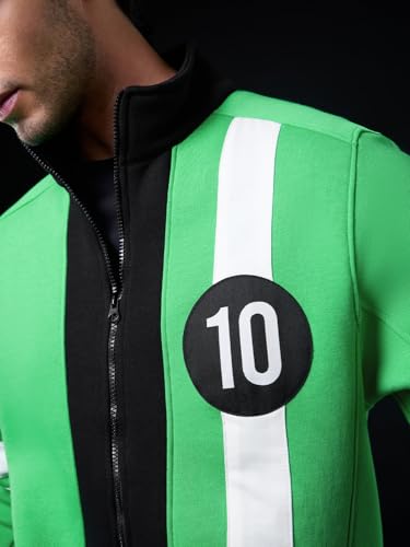 The Souled Store Ben 10: Alien Force Men and Boys Full Sleeves Mock Neck Green and Black Graphic Printed Cotton Blend Regular Fit Lightweight Winter Casual Jacket