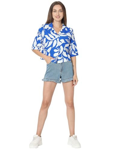 VERO MODA Women Abstract Print Blue Viscose Regular Fit Crop Shirt