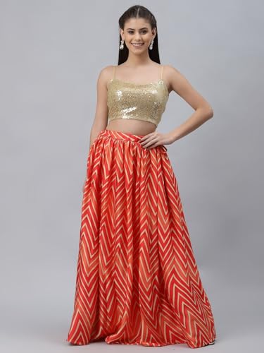 studio rasa Satin Chevron Print Bias Skirt for Wedding Festive Party (SKTC421RC19M_Red_Medium)