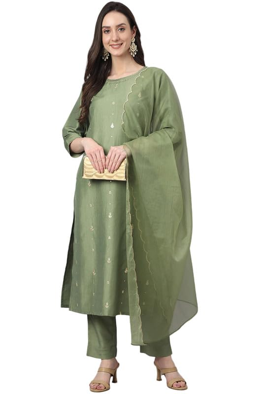 Janasya Women's Green Chinon Solid Kurta with Pant and Dupatta (SET567-KR-NP-J-S)