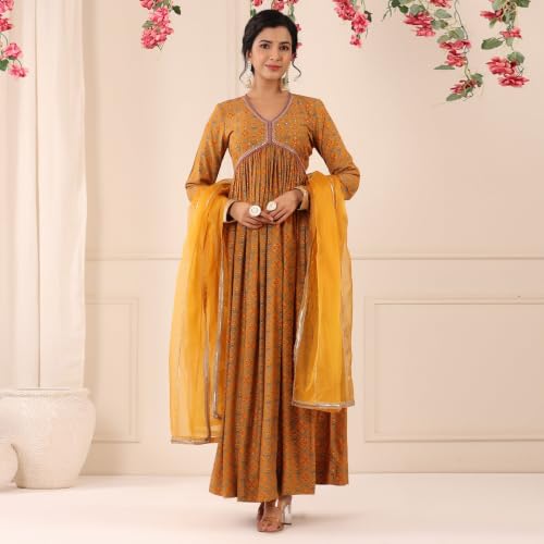 Peachmode Mustard Patola Printed Muslin Gown with Dupatta Dress for Women, Party, Haldi, Engagement