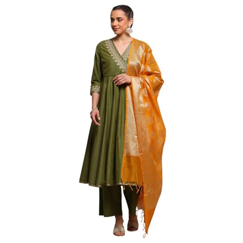 Biba Women Sage Green Polyester Blend Anarkali Embroidered Suit Set_36