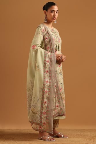 Soch Womens Light Green Cotton Digital Printed Botanical Lace-Detail Salwar Suit