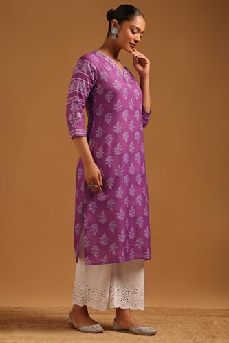 Soch Womens Purple Poly Linen Botanical Kurta with Bead Details