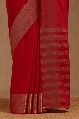 Soch Womens Fuchsia Georgette Solid Saree With Zari Woven Border And Pallu