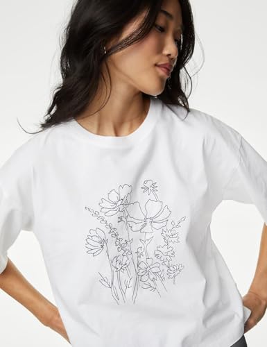 Marks & Spencer Pure Cotton Embroidered T-Shirt White Mix