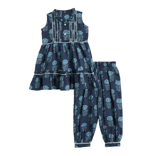 Hopscotch Girls Sleeveless Blue 2-Pc Gota Lace Kurta Set For Age (3-4 Years)