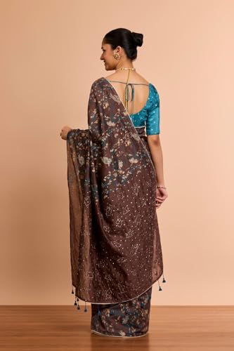 Taneira Women Brown Pure Silk Cotton Embroidered Saree with Unstitched Blouse Piece (SAIP01AC1401-Brown)