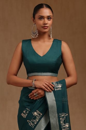 Soch Womens Teal Chanderi Warli Print Saree With Thread Work