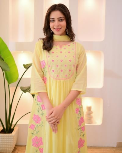 VARNI FABRICS: A lady's First Love Yellow Silk Blend Embroidered Flared Kurta Set For Women With Dupatta And Pant