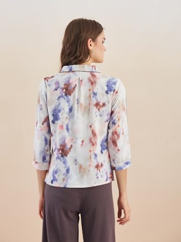 Latin Quarters Women White 3/4Th Sleeves V-Neck Tie-Dye Top for Casual_L