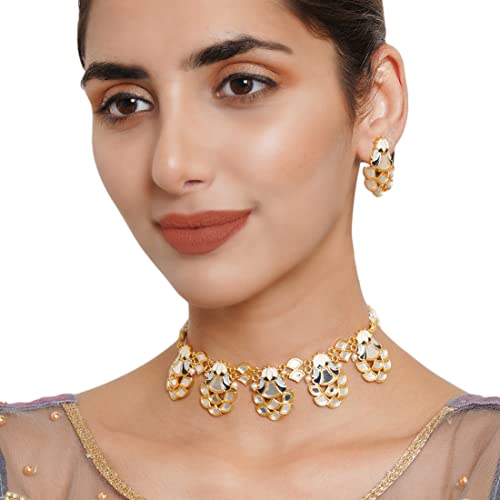 VOYLLA Festive Hues Mirror Work Enamelled Brass Gold Plated Choker Jewellery Set