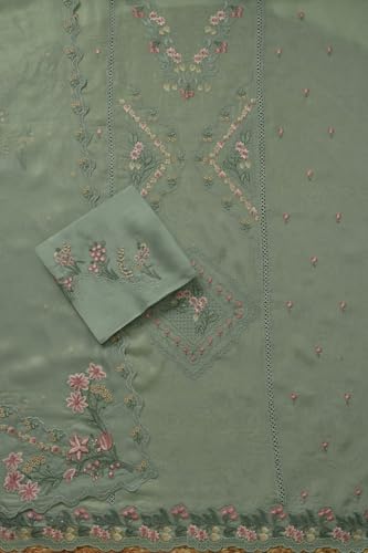 Soch Womens Turquoise Blue Organza Shimmer Embroidered Unstitch Dress Material With Thread Work