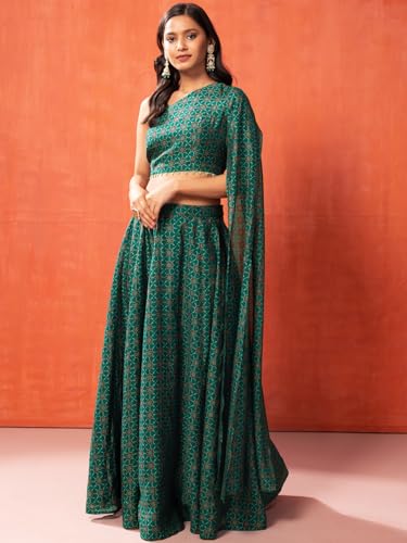 Indya Women's Chanderi Lehenga Sets (ICO00577_Green_L)