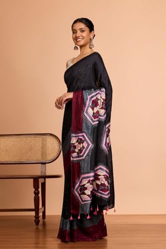 Taneira Women Black Murshidabad Pure Silk Hand Painted Mukesh Saree with Unstitched Blouse Piece (SAIH01AC1396-Black)