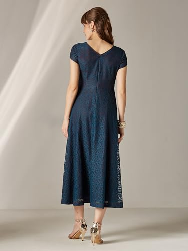 Miss Chase Womens Sweetheart-Neck Short Sleeve Self-Designed Lace Overlaid Midi Dress (MCSS25D16-77-83-03, Teal, S)