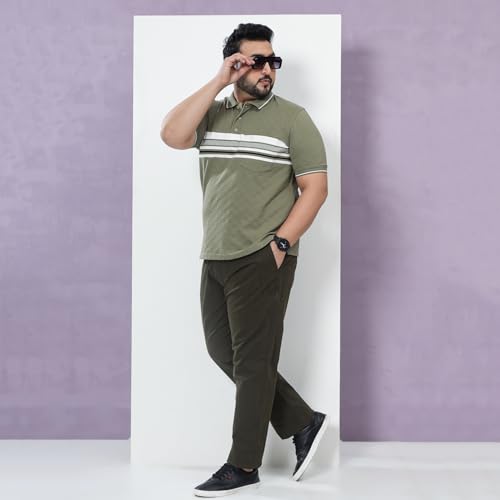 JOHN PRIDE Plus Size Men Regular Fit Striped Green Stretchable Polo Collar T-Shirt (JPTSC32430_10XL_Green)