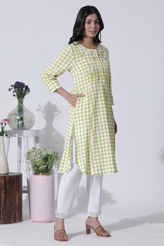 W for Woman White & Green Checker Cotton Kurta, Pants with Dupatta Set_24ONWS11009-313972_S