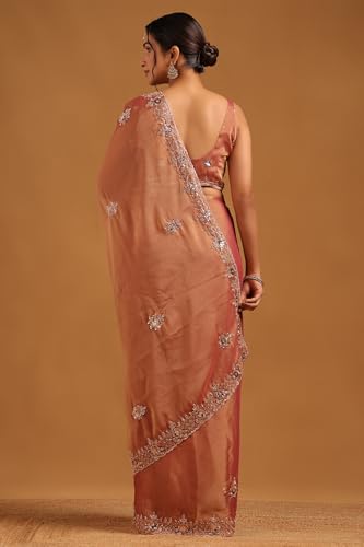 Soch Womens Rust Tissue Floral Saree With Sequins