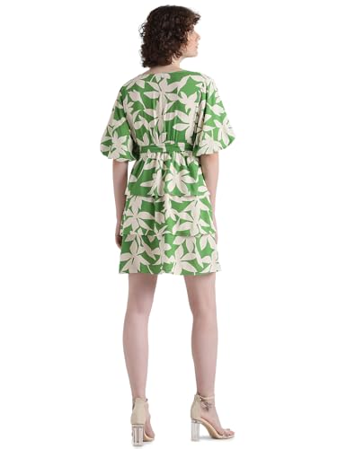 ONLY Women Printed Polyester Short Length Fit & Flare Green Tiered Dress